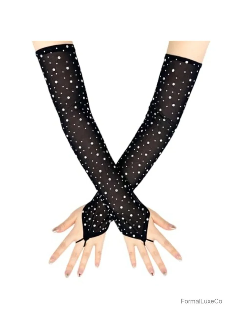 Rhinestone Sheer Fingerless Long Tulle Gloves for Halloween Costume Party